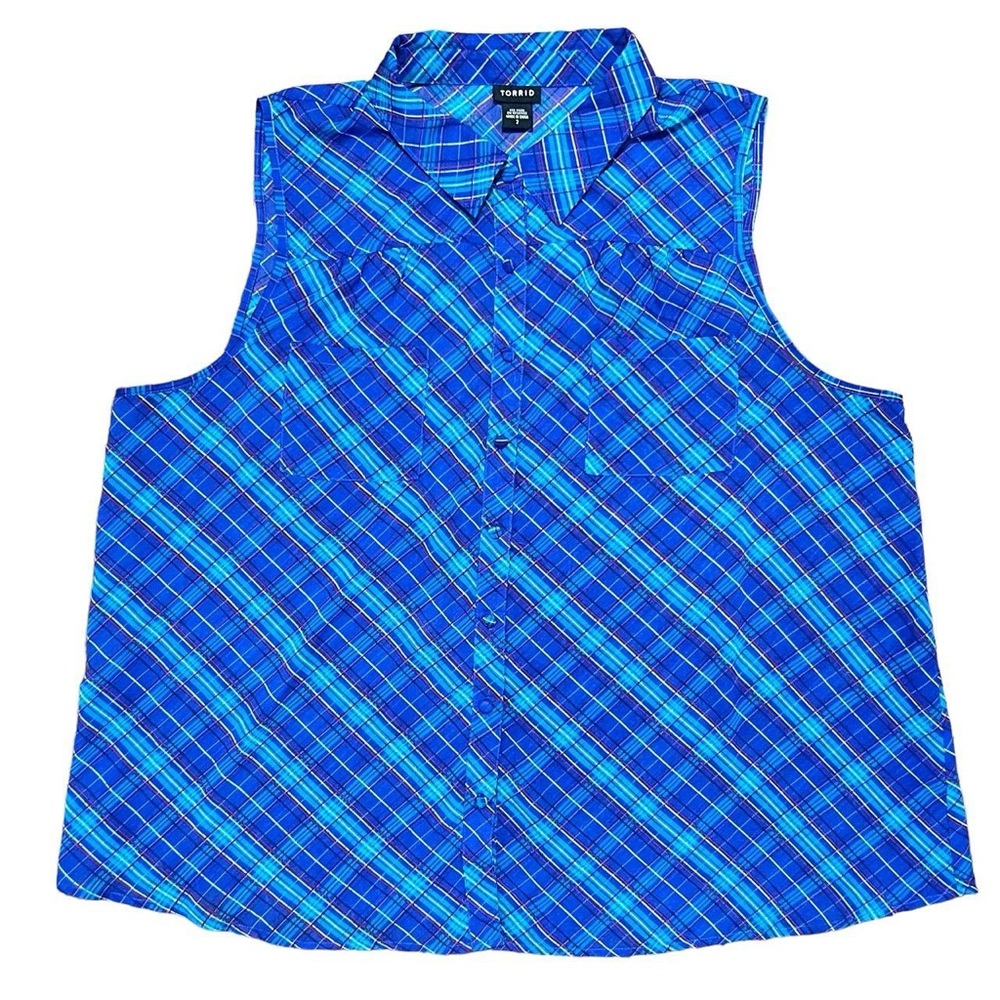 Torrid Plaid Semi Sheer Sleeveless Purple And Blue Button Up Top Size 2X